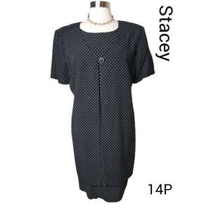 Women's Dress Petite 14 Black Sheath Short Sleeve Polka Dot Dress 14P NWOT